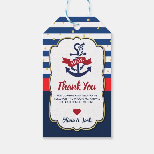 Navy Red Gold Nautical Ahoy Anchor Baby Shower Gift Tags