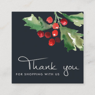 NAVY RED GREEN HOLLY BERRY CHRISTMAS THANK YOU SQUARE BUSINESS CARD