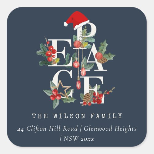 Navy Red Green Peace Christmas Foliage Address Square Sticker