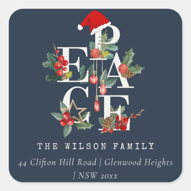Navy Red Green Peace Christmas Foliage Address Square Sticker (Front)