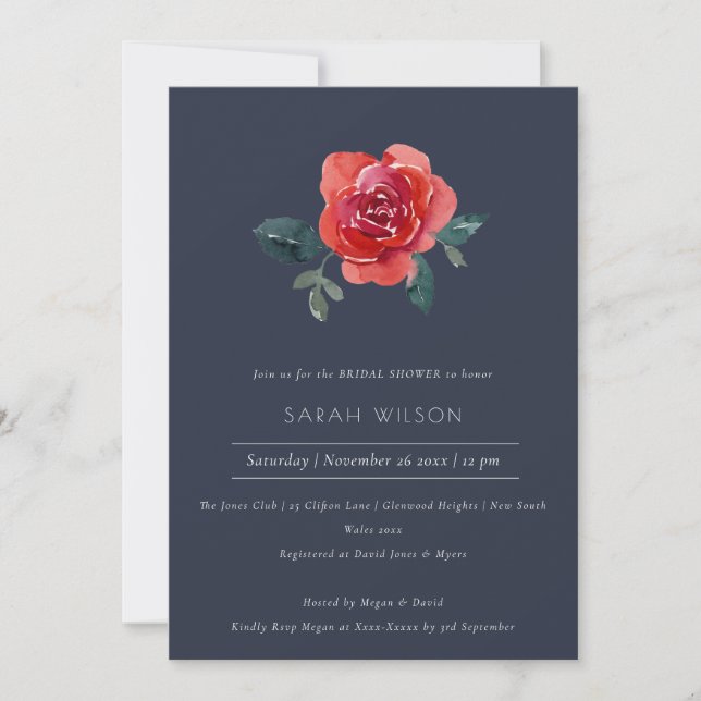 NAVY RED GREEN ROSE FLORAL BRIDAL SHOWER INVITE (Front)