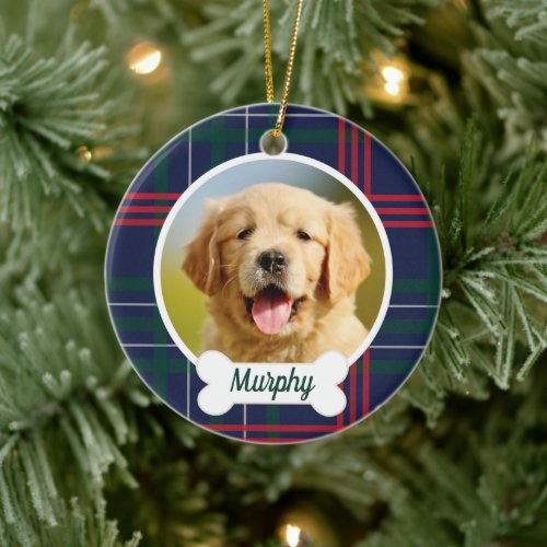 Navy Red Green Tartan Plaid Custom Dog Photo Ceramic Ornament