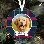 Navy Red Green Tartan Plaid Custom Dog Photo Ornament<br><div class="desc">The perfect holiday decoration for the dog lovers in your family! Stylish and festive holiday ornament features a favorite photo of your puppy dog with a dog bone nameplate that can be personalized with their name and a classic navy blue, hunter green and red Scottish tartan plaid patterned background. Tip:...</div>
