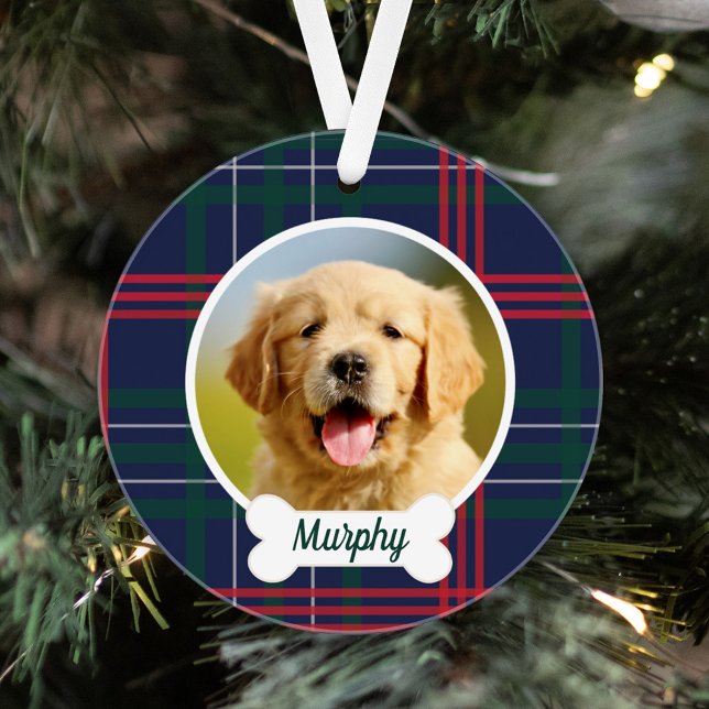 Navy Red Green Tartan Plaid Custom Dog Photo Ornament (Creator Uploaded)