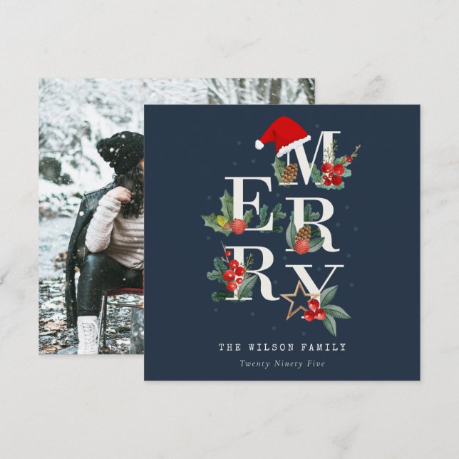 Navy Red Green White Merry Christmas Foliage Photo Holiday Card (Front/Back)