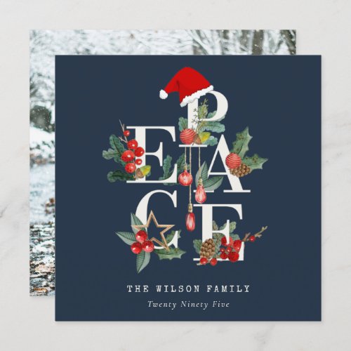 Navy Red Green White Peace Christmas Foliage Photo Holiday Card