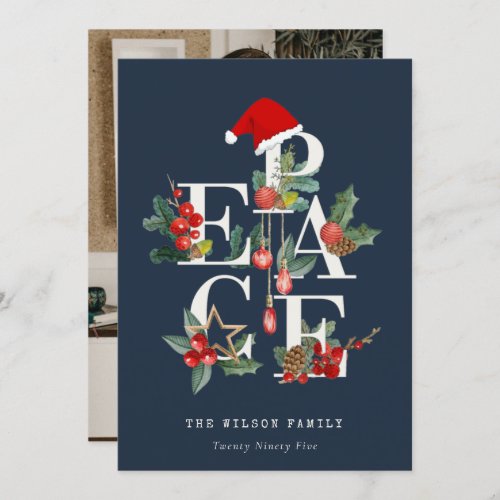 Navy Red Green White Peace Christmas Foliage Photo Holiday Card