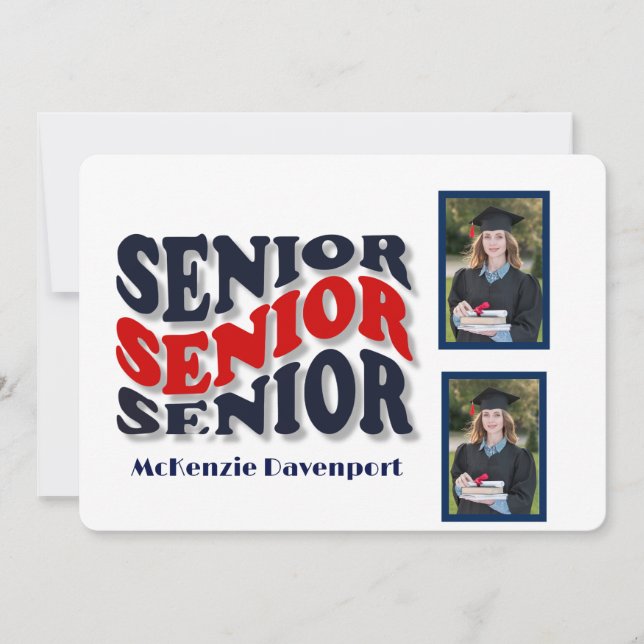 Navy Red Groovy Senior 2 Photo Collage Graduation Invitation (Front)