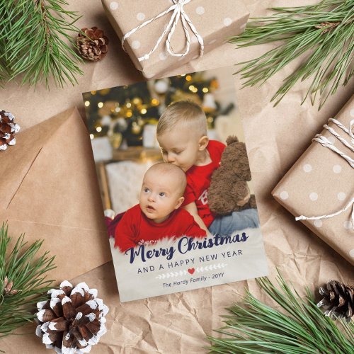 Navy Red Heart Twigs Photo Merry Christmas Holiday Card