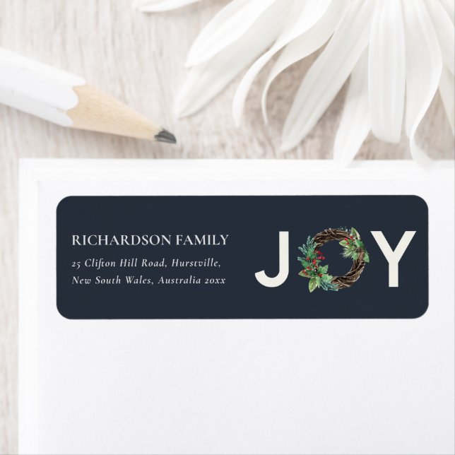 NAVY RED HOLLY BERRY JOY WREATH CHRISTMAS ADDRESS LABEL (Insitu)