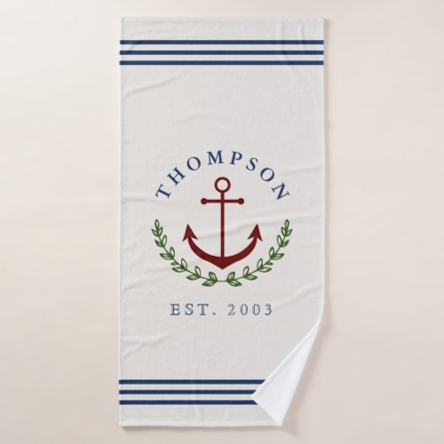 Navy Red Ivory Anchor Wreath Nautical Family Name Bath Towel