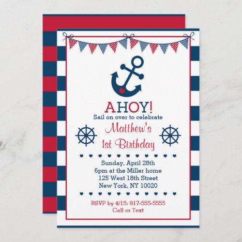 Navy  Red Nautical Anchor 1st Birthday Invitation