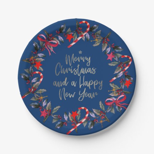 Navy Red Omela Christmas Wreath Paper Plates