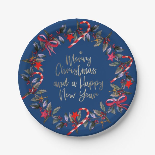 Navy Red Omela Christmas Wreath Paper Plates (Front)