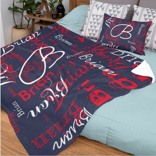 Navy  Red Pattern of Names Fleece Blanket