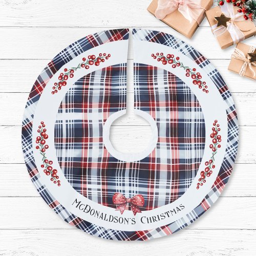 Navy Red Personalized Family Name Plaid Farmhouse  Brushed Polyester Tree Skirt