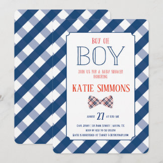 Navy Red Plaid Bow Tie Baby Boy Shower Invitation