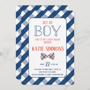 Navy Red Plaid Bow Tie Baby Boy Shower Invitation