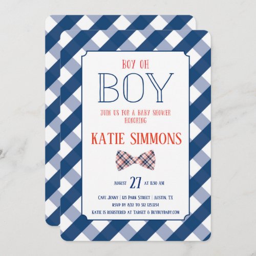 Navy Red Plaid Bow Tie Baby Boy Shower Invitation