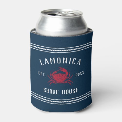 Navy  Red Rustic Crab Personalized Shore House Can Cooler