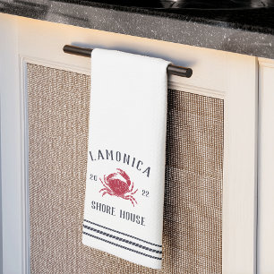 Navy & Red Rustic Crab Personalized Shore House Kitchen Towel