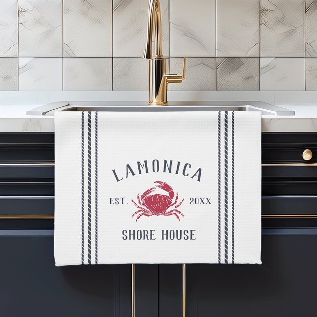 Navy & Red Rustic Crab Personalized Shore House Kitchen Towel (Creator Uploaded)