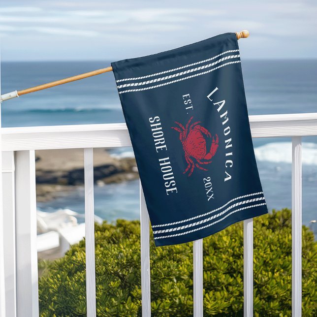 Navy & Red Rustic Crab Shore House Personalized Flag (Creator Uploaded)