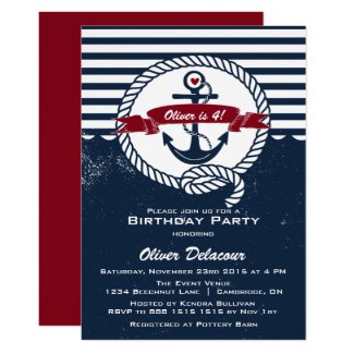 Navy Red Rustic Nautical Kids Birthday Invitation