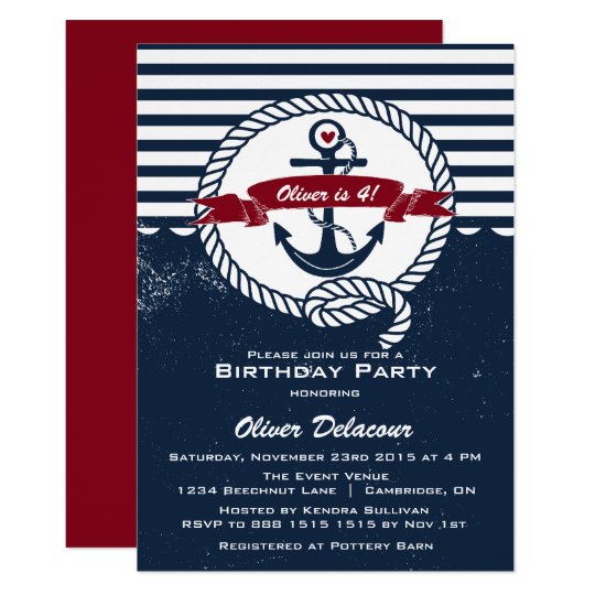 navy red rustic nautical kids birthday invitation zazzle com