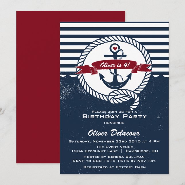 Navy Red Rustic Nautical Kids Birthday Invitation (Front/Back)
