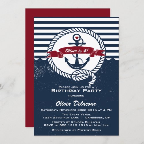 Navy Red Rustic Nautical Kids Birthday Invitation