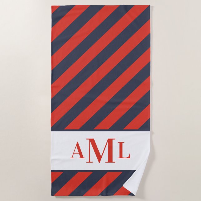 Navy & Red Striped Personalized Beach Towel (Front)