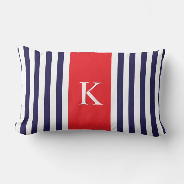 Navy Red Stripes Monogram Lumbar Pillow (Front)