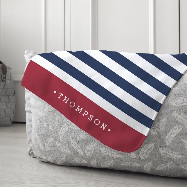 Navy & Red Summer Stripe Personalized Sherpa Blanket (Creator Uploaded)