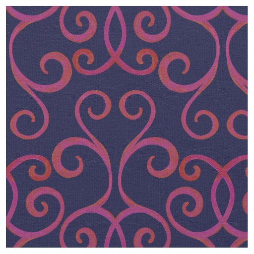 Navy Red Swirly Damask Pattern Elegant Dark Blue Fabric