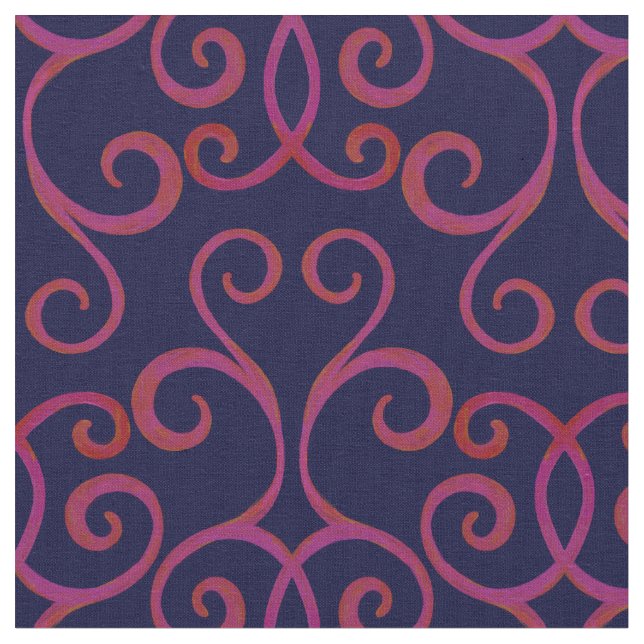 Navy Red Swirly Damask Pattern Elegant Dark Blue Fabric (Close Up)