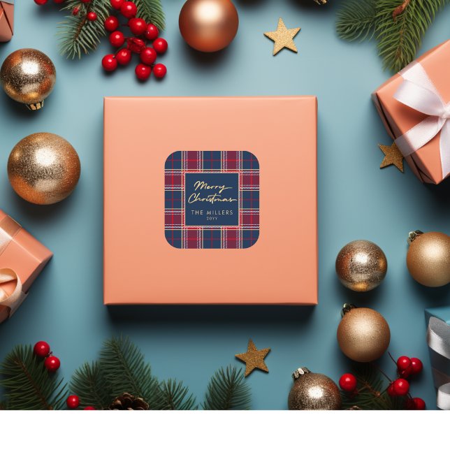 Navy Red Tartan Plaid Modern Elegant Minimalist Square Sticker (Navy Red Tartan Plaid Modern Elegant Minimalist Square Sticker)