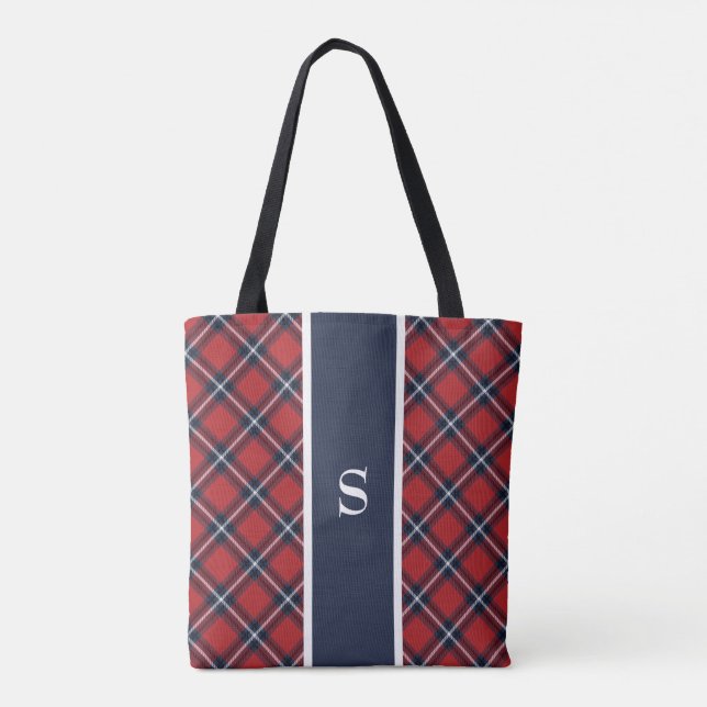 Navy Red Tartan Plaid Monogram Tote Bag (Back)