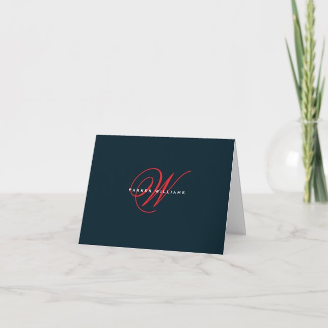 Navy, red & white Monogrammed folded  Thank You  Card (Front)