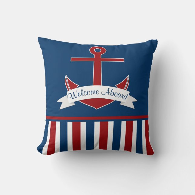 Navy Red White Nautical Stripes Red Anchor Banner Throw Pillow (Front)