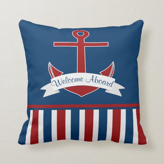 Navy Red White Nautical Stripes Red Anchor Banner Throw Pillow