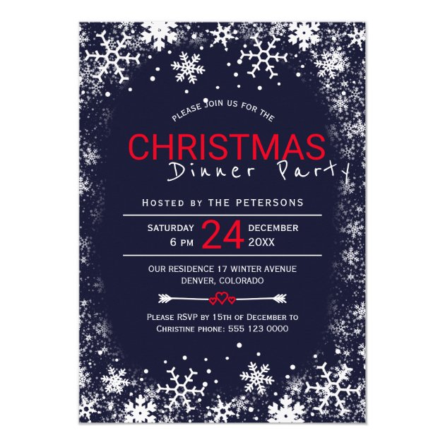 Navy Red White Snowflakes Christmas Dinner Party Invitation
