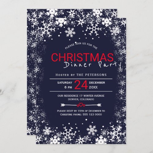 Navy red white snowflakes Christmas dinner party Invitation