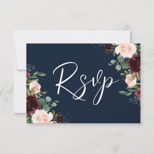 Navy  Red Wine  Blush Flowers All Ocassions RSVP Card