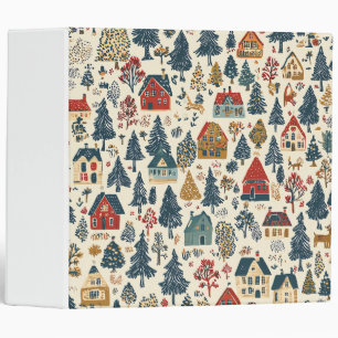 Navy Red Woodland Christmas Village Pattern 3 Ring Binder