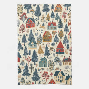Navy Red Woodland Christmas Village Pattern Kitchen Towel