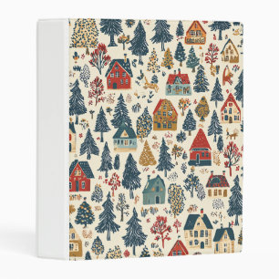 Navy Red Woodland Christmas Village Pattern Mini Binder