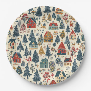 Navy Red Woodland Christmas Village Pattern Paper Plates
