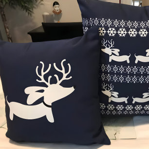 Navy Reindeer Dachshund Christmas Decor Throw Pillow
