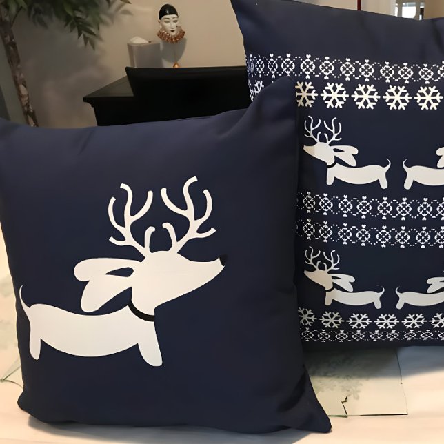 Navy Reindeer Dachshund Christmas Decor Throw Pillow (Creator Uploaded)